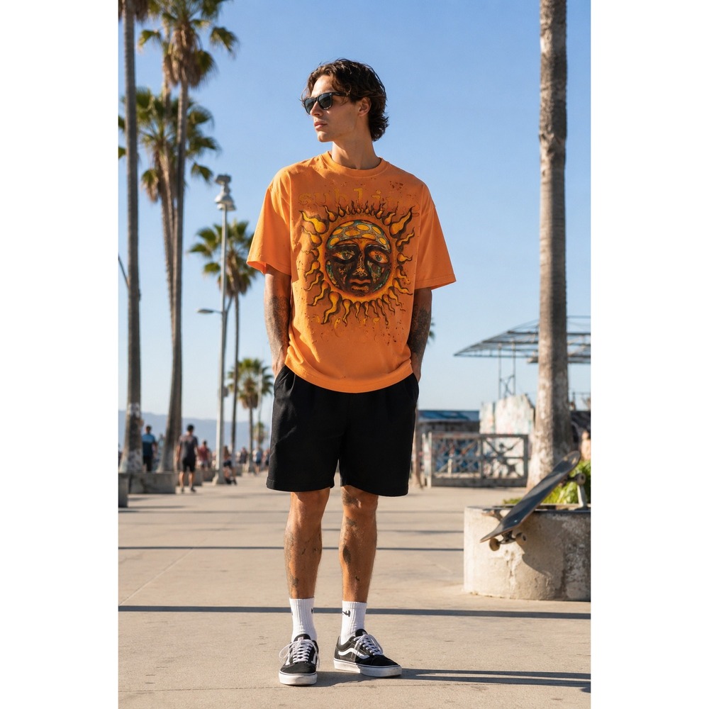 NEW Sublime Long Beach Sun Graphic Distressed Garment Dyed Orange Band T Shirt